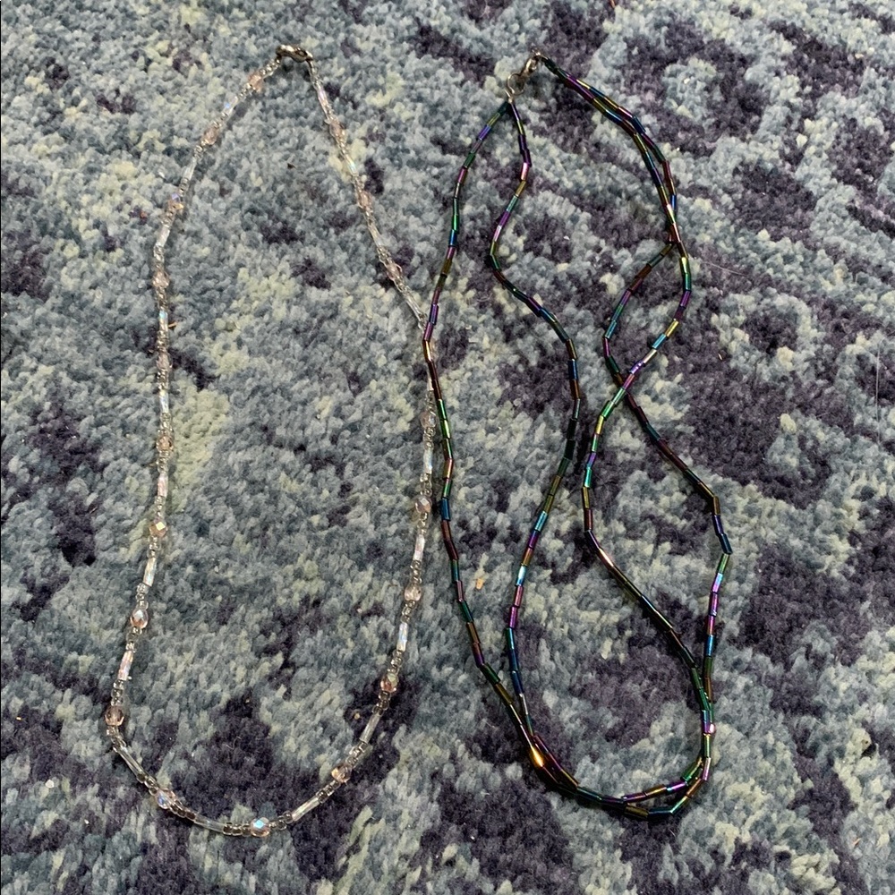 Vintage 16” clear bead & black double strand iridescent glass bead necklaces